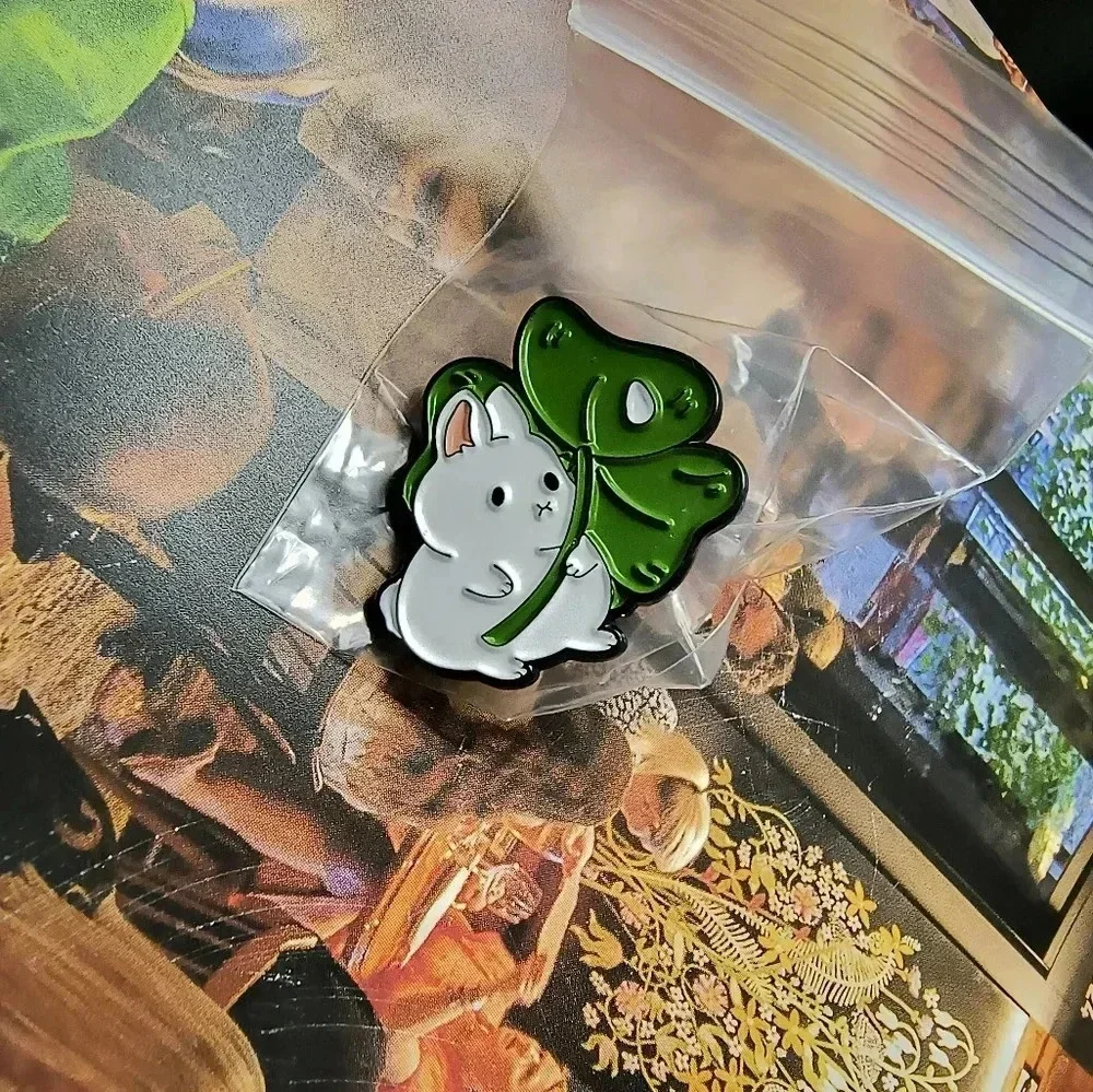 White bunny with green shamrock enamel pin backpack clothes hat denim cap bag